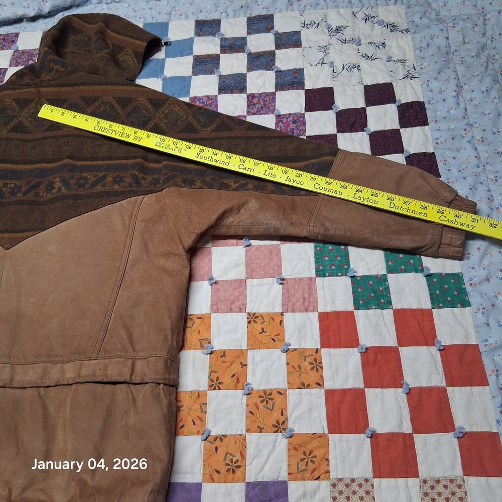 Vintage Winlit Leather & Wool Aztec Southwest Jacket Split Hood Parka Sz Small - Picture 12 of 16